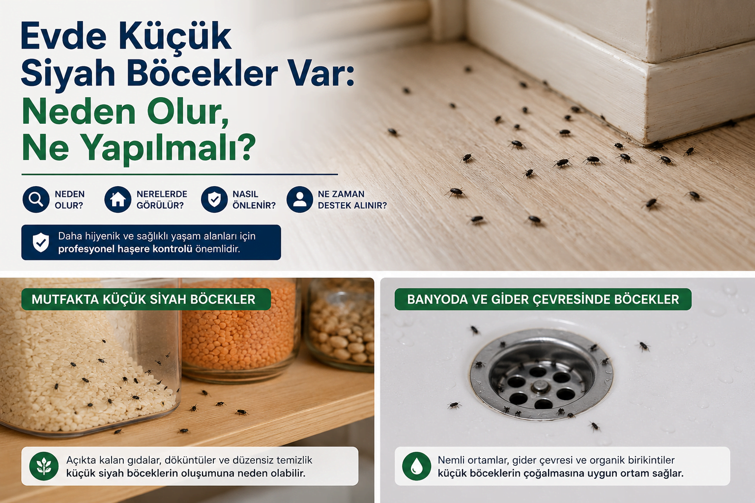Evde küçük siyah böceklerin mutfak, banyo ve gider çevresinde görülme nedenlerini anlatan bilgilendirici görsel